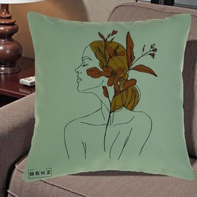 Perna Decorativa Portret Feminin Crin Ruginiu Auriu, 40x40 cm, Verde, Husa Detasabila, Perna Inclusa, BEKZ®