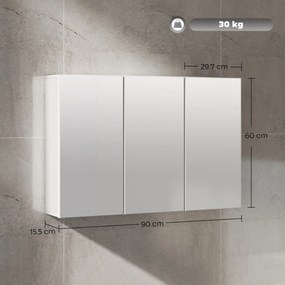 HOMCOM Dulap cu oglindă pentru baie, Badschrank cu 3 uși cu oglindă, Montaj pe perete, 90 x 15,5 x 60 cm, Placă de fibră, Alb | Aosom Romania