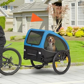 PawHut Remorcă pliabilă pentru câini cu reflectoare, ferestre din plasă, roți, ușă, steguleț de siguranță pentru câini până la 20 kg 138x70x89 cm Albastru | Aosom Romania