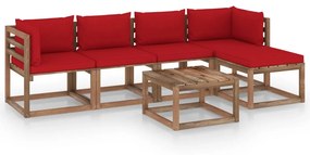 Set mobilier de gradina cu perne rosii, 6 piese Rosu, 2x colt + 2x mijloc + suport pentru picioare + masa, 1