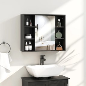 HOMCOM Mobilier baie cu oglindă, dulap cu uși și 6 compartimente deschise, 60 x 14,5 x 49,4 cm, negru | Aosom Romania