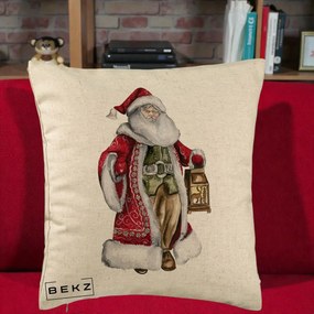 Perna Decorativa Mos Craciun Vintage cu Felinar, 40x40 cm, Bej, Husa Detasabila, Perna Inclusa, BEKZ®