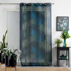 Perdea frumoasă, aerisită, albastru închis, cu motiv cu frunze 140 x 240 cm