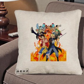 Perna Personalizata One Piece Echipa Straw Hat in Flacari, 40x40 cm, Bej Canapea, Husa Detasabila, Perna Inclusa, BEKZ®