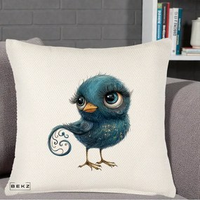 Perna Decorativa Pasare Teal cu Motive Aurii si Coada Spiralata, 40x40 cm, Crem Reliefat, Husa Detasabila, Perna Inclusa, BEKZ®