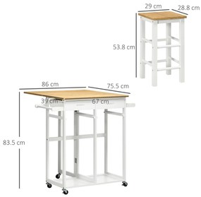 HOMCOM Set masă de bar pliabilă cu roți + 2 taburete alb și lemn deschis - 2 sertare și suport pentru prosop | Aosom Romania