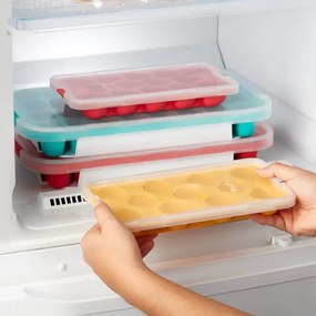 Forma cuburi de gheata cu capac Lekue 1010244, 23x12x3 cm, 14 inimioare, Stearin, -40°C / +60°C, Rosu