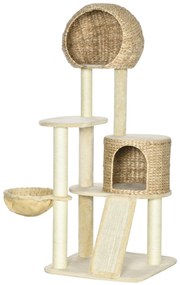 PawHut Arbore de cățărat pentru pisici cu sisal natural, 2 cuiburi, platformă, hamac, pluș, plăci de apă - 60 x 60 x 150 cm, bej | Aosom Romania