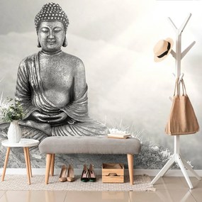 Tapet Buddha alb-negru în poziție meditativă
