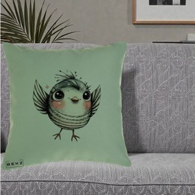 Perna Decorativa Pasare Gri cu Aripi si Inimioare, 40x40 cm, Verde, Husa Detasabila, Perna Inclusa, BEKZ®