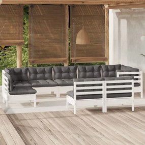 vidaXL Set mobilier de grădină cu perne, 9 piese, alb, lemn masiv pin