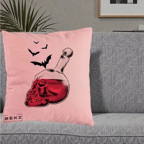 Perna Decorativa Halloween Craniu-Sticla cu Lilieci, 40x40 cm, Roz, Husa Detasabila, Perna Inclusa, BEKZ®