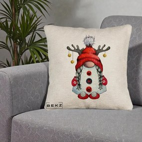 Perna Decorativa Pitic Gnom Craciun cu Coarne de Ren, 40x40 cm, Bej Canapea, Husa Detasabila, Perna Inclusa, BEKZ®