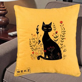 Perna Decorativa Pisica Neagra Botanica Rosu-Gri, 40x40 cm, Galben, Husa Detasabila, Perna Inclusa, BEKZ®