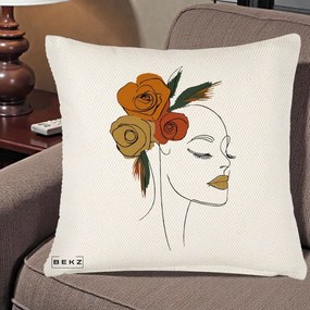 Perna Decorativa Portret Feminin Trandafiri Ruginii, 40x40 cm, Crem Reliefat, Husa Detasabila, Perna Inclusa, BEKZ®