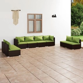 Set mobilier de gradina cu perne, 8 piese, maro, poliratan maro si verde, 2x colt + 6x mijloc, 1