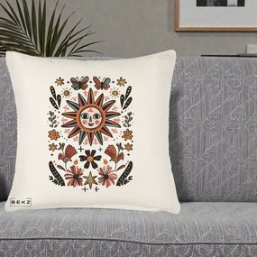 Perna Decorativa Soare Boho Folk Fluturi, 40x40 cm, Crem Reliefat, Husa Detasabila, Perna Inclusa, BEKZ®