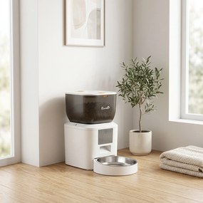 PawHut Distribuitor Automat de Hrană pentru Pisici 4L, WiFi 2.4G, Control App cu Înregistrare 10s, Bol, Alb | Aosom Romania