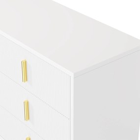 Bufet cu 6 sertare, mânere și picioare aurii, textură ondulată, 120x40x77 cm, Alb+Aurii