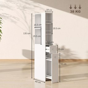 HOMCOM Dulap de Baie Înalt și Îngust cu 2 Sertare, 135 cm, Alb | Aosom Romania