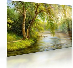 Tablou pe sticlă - Salcie lângă lac, pictură în ulei (70x50 cm)
