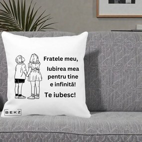 Cadou pentru Frate - Perna Personalizata Fratele Meu Te Iubesc Copii Tinand Maini Line Art, 40x40 cm, Alba Mata, Husa Detasabila, Perna Inclusa, BEKZ®