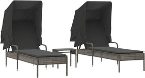 vidaXL Șezlonguri, 2 buc., cu baldachine și masă, gri, poliratan