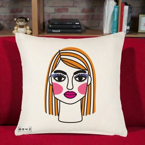 Perna Decorativa Portret Pop Art Fata, 40x40 cm, Crem Reliefat, Husa Detasabila, Perna Inclusa, BEKZ®