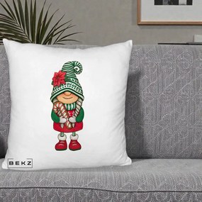 Perna Decorativa Gnom Craciun Verde cu Bomboane si Floare, 40x40 cm, Alb Pufos, Husa Detasabila, Perna Inclusa, BEKZ®