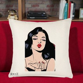 Perna Decorativa Femeie Pop-Art Kiss, 40x40 cm, Crem Reliefat, Husa Detasabila, Perna Inclusa, BEKZ®