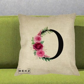 Cadou Personalizat - Perna Personalizata Monograma Florala Litera O, 40x40 cm, Crem, Husa Detasabila, Perna Inclusa, BEKZ®