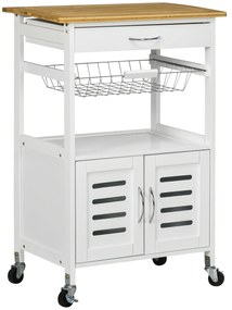 HOMCOM Carrito de Cocina cu Roti Caru cu Depozitare Multifunctional cu Suprafata de Lucru din Bambus Sertar Cos Metalic si Dulap cu 2 Usi cu Jaluzee 58x37x85,5 cm Alb | Aosom Romania