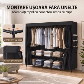 HOMCOM Dulap Textil Compact cu 5 Bare, 5 Rafturi, 6 Buzunare Laterale, Uși Anti-Praf cu Fermoar, Negru | Aosom Romania