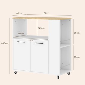 HOMCOM Cărucior de Bucătărie cu Raft Deschis, Dulăpior cu 2 Uși și Raft Lateral pe 2 Niveluri, 75x40x80,5 cm, Alb | Aosom Romania