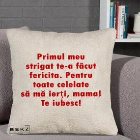 Cadou pentru Mama - Perna Personalizata Primul Strigat Mama, 40x40 cm, Bej Canapea, Husa Detasabila, Perna Inclusa, BEKZ®