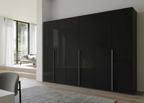 Dulap 301 cm lățime, 6 uși batante, material PAL, MDF, fronturi sticlă, culoare negru, compartimentare premium, înălțime 223 cm