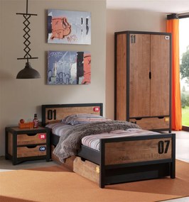 Set Complet Mobilier Copii ALEX, 4 Piese, Pat 90x200 cm cu Somieră, Pin Masiv, Design Industrial – Vipack