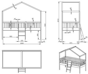 Pat Căsuță Supraetajat cu Scară, Alb, 90 x 200 cm, Pin Scandinavian – Dallas – Vipack