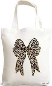 Sacosa de Panza pentru Cumparaturi, Geanta Tote, model Leopard Bow, 38x34.5 cm, Alba, BEKZ®