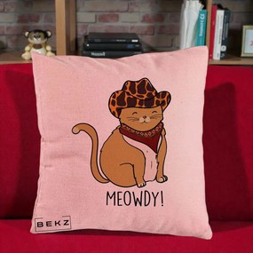 Perna Decorativa Pisica Cowboy Meowdy, 40x40 cm, Roz, Husa Detasabila, Perna Inclusa, BEKZ®