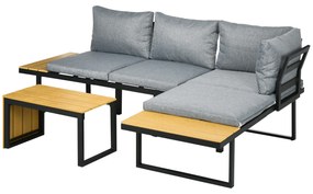 Outsunny Set de Mobilier de Grădină pentru 3 Persoane cu Perne de Ședere, Cadru din Aluminiu, Aspect de Lemn, Gri închis+Natur | Aosom Romania