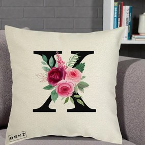 Cadou Personalizat - Perna Personalizata Monograma Florala Litera X cu Buchet, 40x40 cm, Ecru, Husa Detasabila, Perna Inclusa, BEKZ®