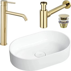Pachet lavoar pe blat Omnires Ovo M+ alb 55 cm, baterie lavoar Rea Lungo auriu si ventil lavoar Click-Clack auriu