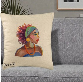Perna Decorativa Portret Femeie Urbana Acuarela, 40x40 cm, Bej, Husa Detasabila, Perna Inclusa, BEKZ®