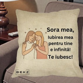 Cadou pentru Sora - Perna Personalizata Sora Mea Te Iubesc Imbratisare cu Sclipiri, 40x40 cm, Crem, Husa Detasabila, Perna Inclusa, BEKZ®