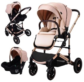 Carucior 3 in 1 reversibil si pliabil cu geanta inclusa si scoica auto, 0-36 luni, Crem - CPC-60-crem