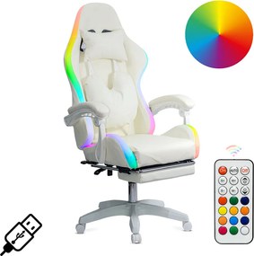 Scaun ergonomic gaming alb cu piele ecologică cu lumini LED RGB OFF 298