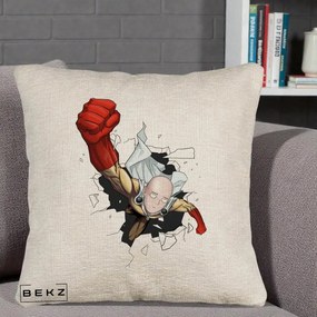 Perna Personalizata One Punch Man Saitama Pumn, 40x40 cm, Bej Canapea, Husa Detasabila, Perna Inclusa, BEKZ®