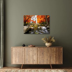 Tablou pe sticlă - Cascade în peisaj de toamnă, portocaliu (70x50 cm)