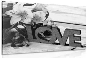 Tablou cu inscripție din lemn Love în design alb-negru